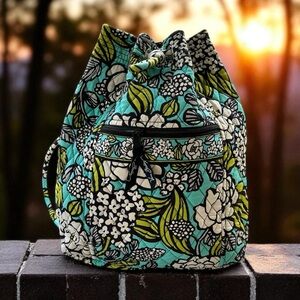 Vera Bradley Island Blooms Drawstring Ditty Backpack Blue Green Floral